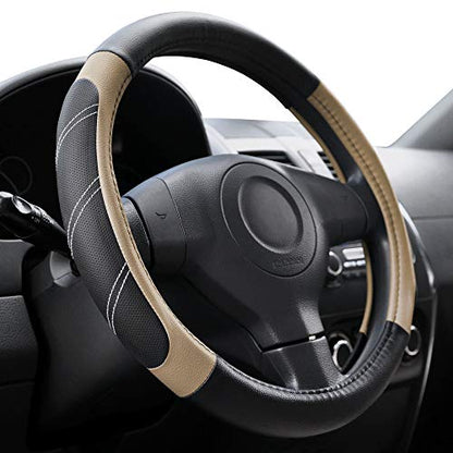 Elantrip Steering Wheel Cover Leather 15 1/2 to 16 inch Universal Large Soft Grip Breathable for Car Truck SUV Jeep Anti Slip Beige - color: Black and Beige, size: 15 1/2 - 16 Inch