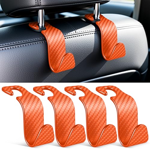 SINGARO Universal 4 Pack Car Seat Headrest Purse Hook, Carbon Fiber Back Seat Hook Storage Organizer Hanger for Purse Handbag Coat, Car Interior Accessories(Orange) - color: Orange, size: 4pc