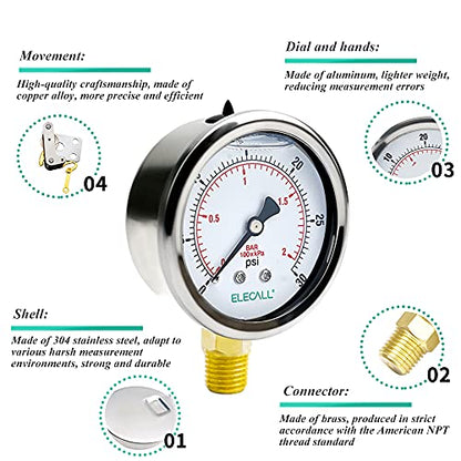 2-1/2” Glycerin Liquid Filled Air Pressure Gauge, 0-30Psi, 1/4”NPT Lower Mount, Stainless Steel Case, Brass Internals, Water Pressure Gauge - size: 0-30 Psi