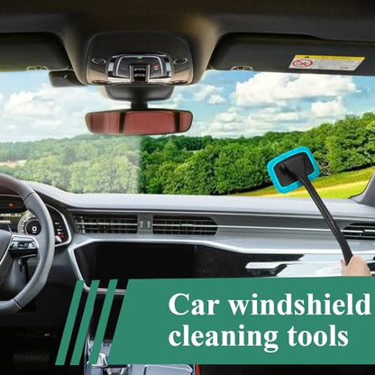 Windshield Cleaning Tool, Extendable Handle Car Window Cleaner with 4 Reusable Microfiber Pads, Auto Inside Glass Wiper for Car Windscreen Cleaning - color: Light blue