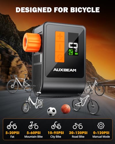 Auxbeam Tiny Bike Pump with Gauge, 120PSI Electric Bicycle Pump with Presta and Schrader Valve, Portable Air Pump for Road Bike, City, Mountain and E-Bike