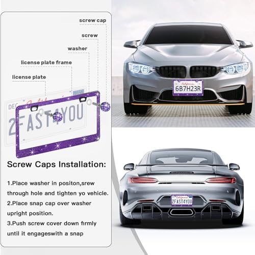 2 Pack License Plate Frames for Women, Sparkly Rhinestone Diamond Car Accessories with Glitter Crystal Caps (Violet（2PCS）) - color: Violet（2PCS）