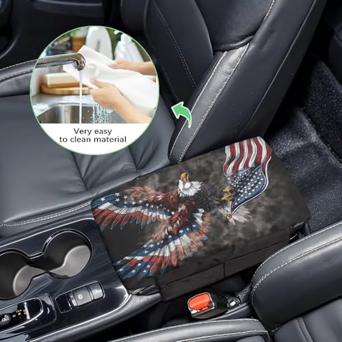 Eagle Center Console Cover, American Flag Print 300D Polyester Fabric Armrest Cover Center Console Cushion with Side Pockets Compatible with Most Cars Vehicles SUVs - color: American Flag Eagle