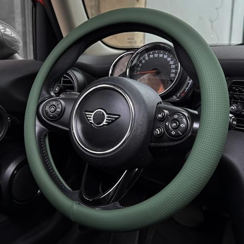 PINCTROT Large Size Nappa Leather Steering Wheel Cover, Slim Fit No Bulk Design, One Piece Leather with Breathable Perforation, Fit Like Gloves, 15.5-15.75 Inch(Nappa Green) - color: 11.Green, size: Large Size[15 1/2''-15 3/4'']