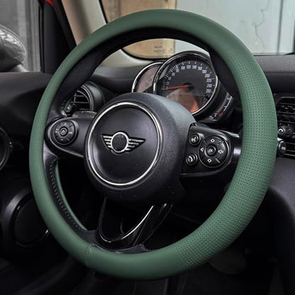 PINCTROT Large Size Nappa Leather Steering Wheel Cover, Slim Fit No Bulk Design, One Piece Leather with Breathable Perforation, Fit Like Gloves, 15.5-15.75 Inch(Nappa Green) - color: 11.Green, size: Large Size[15 1/2''-15 3/4'']