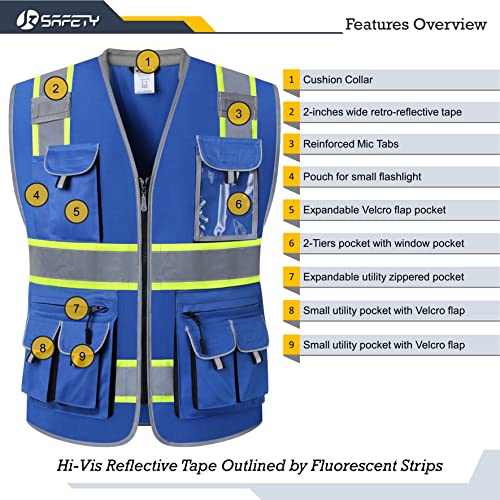 JKSafety 10 Pockets Hi-Vis Zipper Front Fluorescent Blue Safety Vest | Cushioned Collar | High Reflective Tapes with Extended Neon Yellow Strips | Meets ANSI/ISEA Standards (Large, 89-Blue) - color: Bluet1s1, size: Large