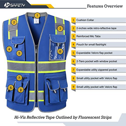 JKSafety 10 Pockets Hi-Vis Zipper Front Fluorescent Blue Safety Vest | Cushioned Collar | High Reflective Tapes with Extended Neon Yellow Strips | Meets ANSI/ISEA Standards (Large, 89-Blue) - color: Bluet1s1, size: Large