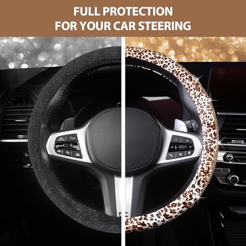 AUTOYOUTH Leopard Print Steering Wheel Cover - Bling Crystal Rhinestones Cheetah Print on PVC Leather Non-Slip Breathable Design for Women/Girls Universal Fit 14.5-15 Inch - color: GOLD
