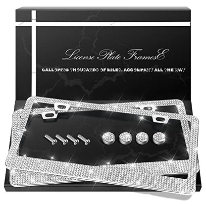 QUANQIUFEI 2 Pack Bling License Plate Frames, Sparkly Rhinestone Diamond Car License Plate Cover for Women, Stainless Steel Car Accessories with Glitter Crystal Caps (White) - color: White