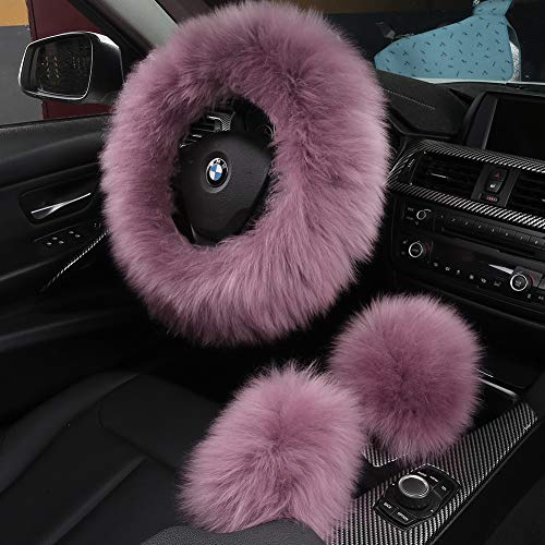 3Pcs Set Fashion Fluffy Fuzzy Wool Fur Soft Car Steering Wheel Cover with Handbrake Cover & Gear Shift Cover for Women/Girls/Ladies Auto Long Wool Accessories - color: Pansy Purple, size: Long Wool