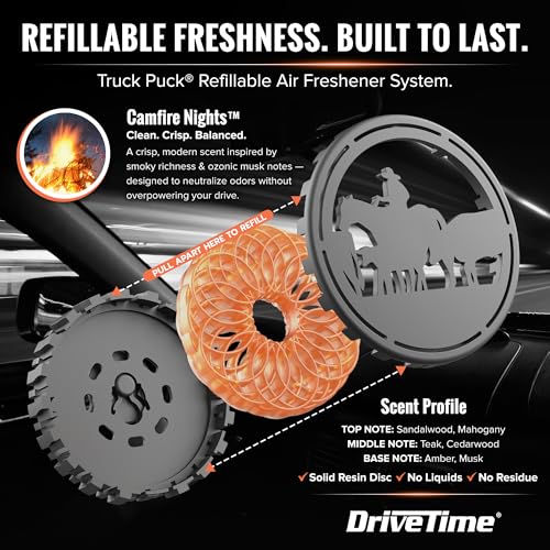 Drive Time Truck Puck Campfire Night Fragrancee Car Air Freshener – Long-Lasting Car Deodorizer, Refillable Vent & Visor Clip Auto Air Freshener for Car, Truck & SUV, Premium Fragrance, Pack of 3