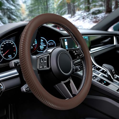 WOCOCN Car Steering Wheel Cover, Thin Anti-Skid Silicone Steering Wheel Cover for Men & Women, Universal Automotive Interior Accessories for Most Cars (Brown) - color: Brown
