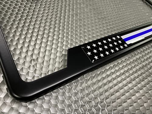 Stainless Steel Matte Black CAR 2-Hole Standard Size - Domed Custom-Made Corrosion-Resistant License Plate Frame with Thin Blue Line USA Flag Design and Free caps - (Qty: 1 Frame) - size: Thin Blue Line U.S. Flag