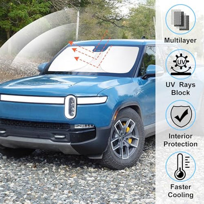 Windshield Sun Shade Custom Fit for 2022 2023 2024 2025 2026 Rivian R1T Accessories Foldable Sunshade Sun Blocker Protect Car from Sun Rays & Heat Damage Keep Car Cooler - size: Fit Rivian R1t 2022-2026