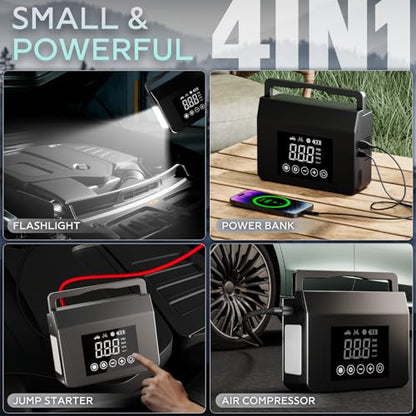 Hieha 4000A Jump Starter with Air Compressor, 12V Portable Car Battery Charger, 150PSI Tire Inflator, 15000mAh Power Bank, LED Flashlight for All Gas 8.0L & Diesel 7.0L Vehicles