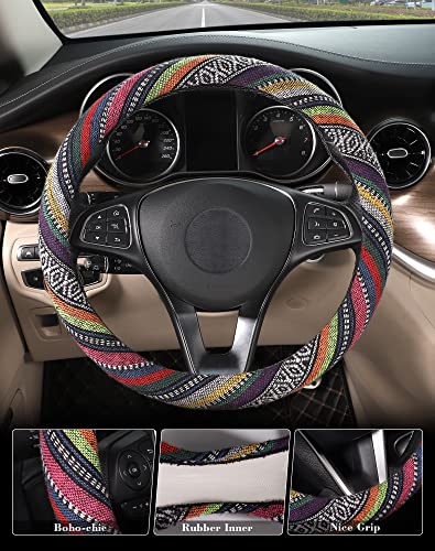 SEG Direct Boho Steering Wheel Cover with Baja Blanket Cloth, Ethnic Style Auto Wheel Cover Made of Coarse Flax, Fits 14 1/2-15 1/4 inches Car Wheel - color: Colorful Windmill
