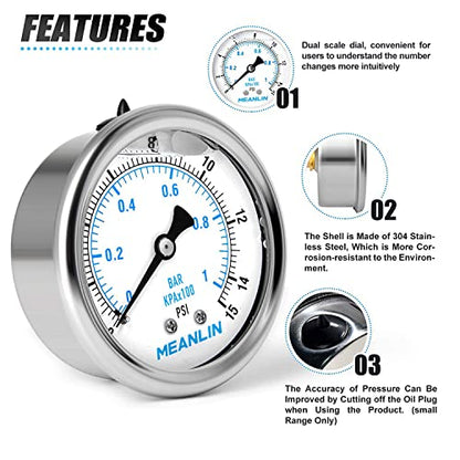 MEANLIN MEASURE 0~15Psi Stainless Steel 1/4" NPT 2.5" FACE DIAL Liquid Filled Pressure Gauge WOG Water Oil Air Center Back Mount, with 1/2" NPT and 3/8" NPT Hex Bushing - size: 0-15psi