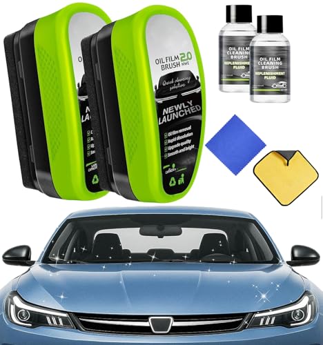 Windshield Cleaner – 2-Pack Car Glass Oil Film Cleaning Kit with Scrubber Pads, Microfiber Towels & Cleaning Liquid for Clear, Streak-Free Driving