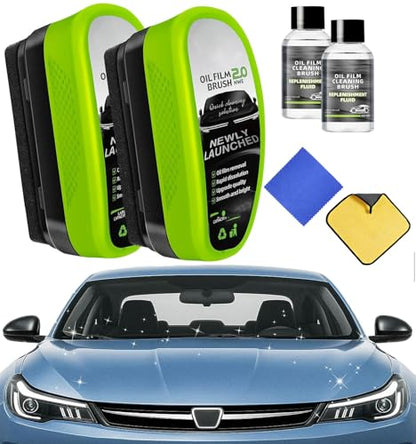 Windshield Cleaner – 2-Pack Car Glass Oil Film Cleaning Kit with Scrubber Pads, Microfiber Towels & Cleaning Liquid for Clear, Streak-Free Driving
