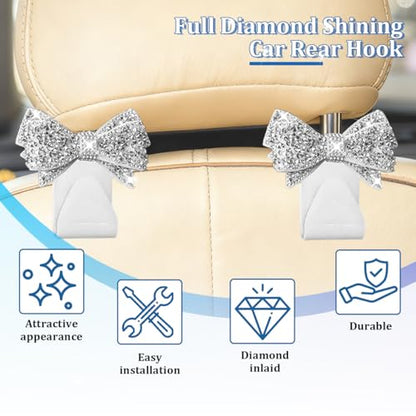 2PCS Bling Bow Car Seat Headrest Hook, Lovely Crystal Rhinestone Back Seat Storage Organizer for Handbag Purse Coat, Girly Sparkling Diamond Backseat Bag Hanger Holder, Universal Fit (White) - color: White