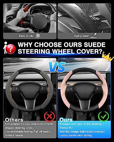 Shademax Custom-Fit for Tesla Steering Wheel Cover, Tesla Model Y / 3 2017-2025 2026 (Fit Model Y Juniper 2026/ Model 3 Highland) Suede Steering Wheel Cover for Tesla Model Y / 3 Accessories (Pink) - color: Pink