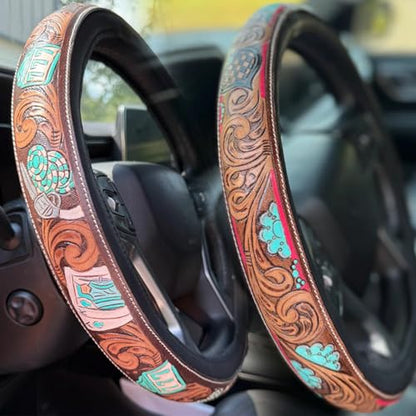 Western Cowboy Steering Wheel Cover Leather, Retro Car Tooled Leather Steering Wheel Cover, Embossed Hand-Painted Universal Anti-Slip - color: R Color
