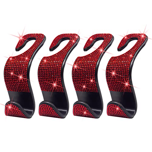Car Purse Hook Bling Car Headrest Hook for Women Girls, 4 Packs Auto Back Seat Hangers Rear Headrest Hooks for Purse, Bag, Handbag, Grocery (Red) - color: Red