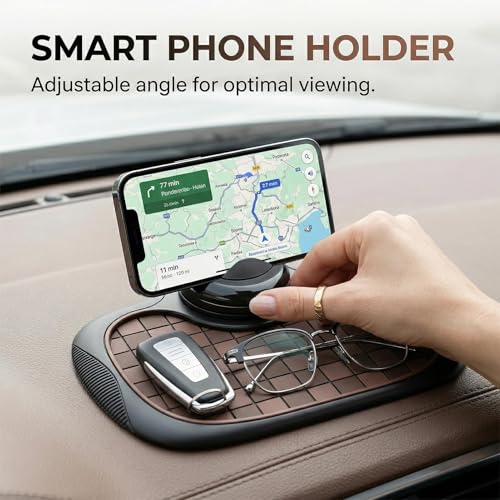 Multifunction Car Anti-Slip Mat,Car Anti Slip Mat Phone Holder For Dashboard,Multifunctional Car Dashboard Phone Holder,With Temporary Parking Numbe For Phone Sunglasses Keys Brown and black square