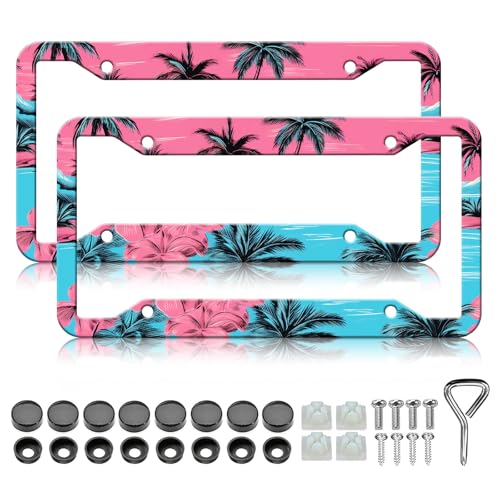 HCSS Palm Tree License Plate Frames - 2 Pack Pink Sky Tropical License Plate Holder, Stainless Steel Rust-Proof Waterproof Car Decorative Tag Frame for Standard US 12x6 Inch - color: Palm Tree