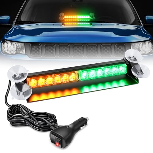 Nilight 12LED Traffic Advisor Strobe Light Bar Amber Green Emergency Warning Hazard Safety Dash Front/Rear Windshield Flashing Lights for Cars Trucks Police Firefighter Plow Construction Vehicles - color: Amber Green