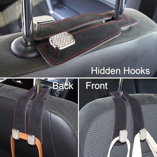 Purse and Bag Hook for Car, Zinc Alloy Seat Headrest Hooks, Upgraded Leather Cute Car Seat Back Purses Hanger and Bags Holder (Black Diamond, 2Pack) - color: Black Diamond