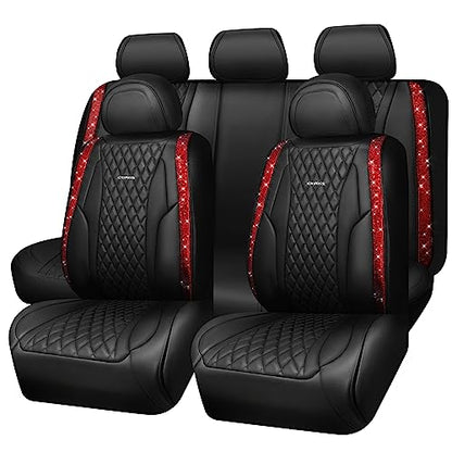 CAR PASS Nappa Leather Bling Diamond Black Red Seat Covers Full Set, Waterproof Calfskin Heavy-Duty Anti-Slip, Universal Fit for 95% Auto SUV Sedan Truck, Glitter Sparkle Shining (Red Rhinestone) - color: Black and Red Diamond, size: Full Set
