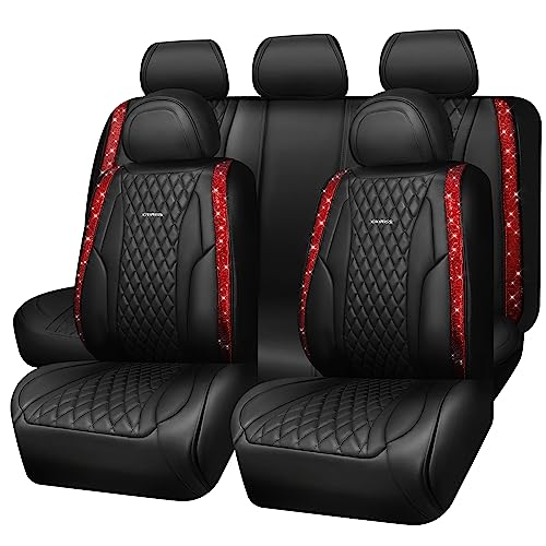 CAR PASS Nappa Leather Bling Diamond Black Red Seat Covers Full Set, Waterproof Calfskin Heavy-Duty Anti-Slip, Universal Fit for 95% Auto SUV Sedan Truck, Glitter Sparkle Shining (Red Rhinestone) - color: Black and Red Diamond, size: Full Set