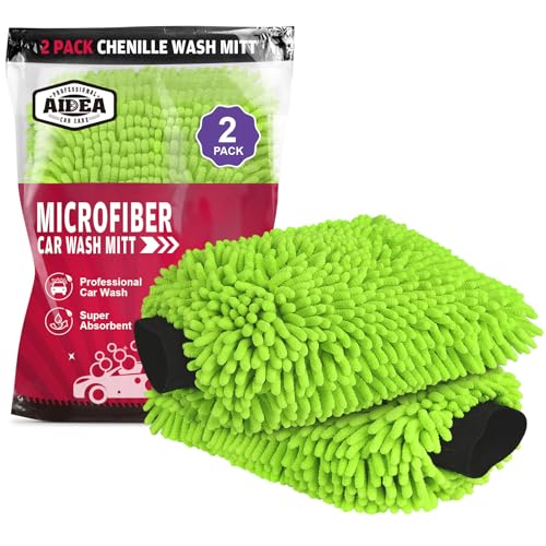 AIDEA Car Wash Mitt Microfiber, 2PK Scratch Free Lint-Free, Premium Chenille Microfiber Mitt Car Wash Brush, Green, Regular Size 7.12''X10.14'' - color: Green, size: 2PK