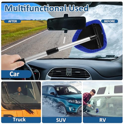 Windshield Cleaning Tool, Car Window Cleaner with Extendable Long Handle and 4 Washable Reusable Microfiber Pads and Spray Bottle, Auto Interior Exterior Glass Wiper Kit Supplies (Blue) - color: Blue