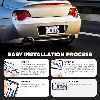 2 Pcs Silicone License Plate Frames with 2 Clear Polycarbonate Covers, Rust-Proof, Weather Resistant, Easy Installation, Premium License Plate Protector, Covers & Frames with 2 Drainage Holes
