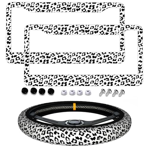 Snow Leopard License Plate Frame Snow Cheetah Animal Print License Plate Frames Car Aluminum Leopard Print Steering Wheel Cover with Us Ca Vehicles - color: Gray Leopard Print