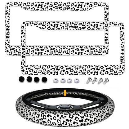 Snow Leopard License Plate Frame Snow Cheetah Animal Print License Plate Frames Car Aluminum Leopard Print Steering Wheel Cover with Us Ca Vehicles - color: Gray Leopard Print