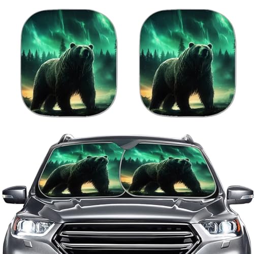 Fit Most Cars SUV Trucks Windshield Sunshade,Aurora Bear 2 PCS Foldable Sun Shade Can Blocks UV Rays Keep Your Vehicle Cool - color: Aurora Bear
