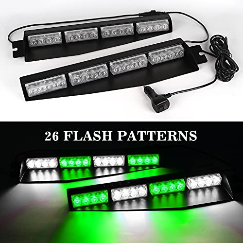 ASPL 32LED Visor Lights 26 Flash Patterns Windshield Emergency Hazard Warning Strobe Beacon Split Mount Deck Dash Lamp with Extend Bracket (Green/White/Green/White) - color: Green/White /Green/White