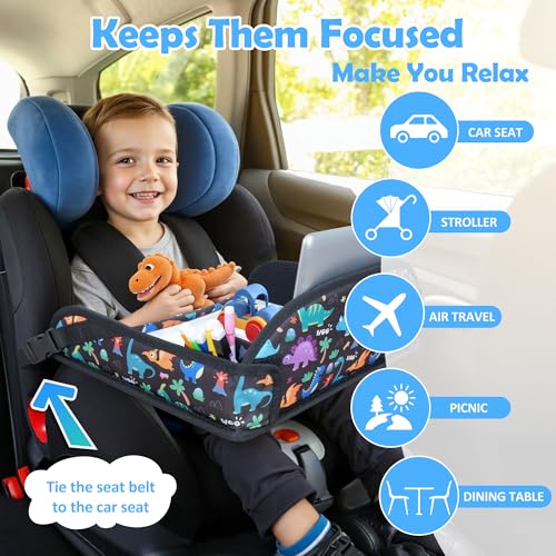 Kids Travel Tray for Toddler Carseat, Road Trip Activities Essentials for Toddler, Kids Travel Lap Desk Tray with Holder Stand ＆ Dry Erase Board (Dinosaur) - color: Dinosaur