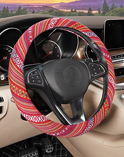 SEG Direct Boho Steering Wheel Cover with Baja Blanket Cloth, Ethnic Style Auto Wheel Cover Made of Coarse Flax, Fits 14 1/2-15 1/4 inches Car Wheel - color: Rosy Clouds