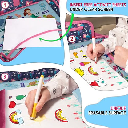 Kids Travel Tray - Waterproof Lap Table with No-Drop Large Tablet Holder - Car Seat Tray - Road Trip Essentials Kids - Car Desk Organizer for Airplane - Toddler Travel Essentials(MERMAID) - color: MERMAID