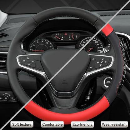West Llama Nappa Leather Car Steering Wheel Cover Gel Massage,Cool in Summer,Universal 15 inch(Red+Black-Standard Size) - color: F-Red+Black, size: Standard size (14 ½''-15'')