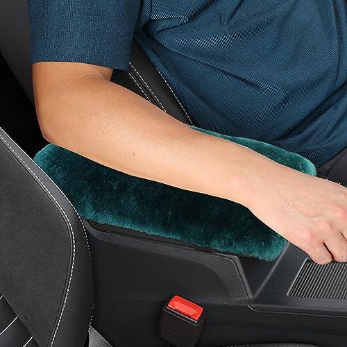 Genuine Sheepskin Center Console Cover Pad Genuine Furry Fluffy Wool Fur Car Armrest Cover Protector Universal Fit for SUV/Truck/Car - color: Shearling-Dark Green