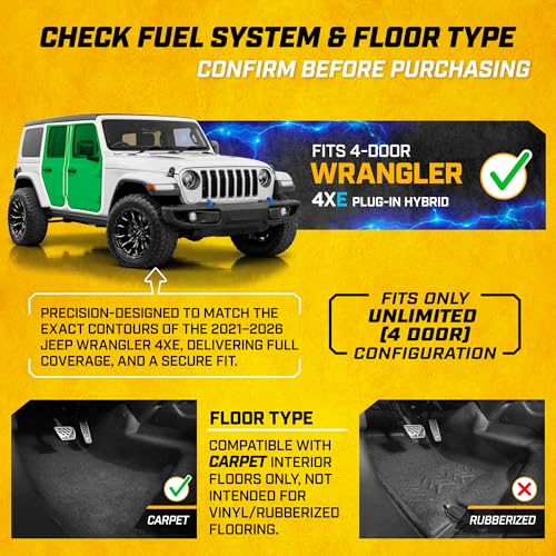 Cat® JustFit™ 3D Floor Mats for Jeep Wrangler 4XE 2021–2026 4-Door Custom Fit All Weather Floor Liners Heavy Duty Rubber Mats for 4XE Hybrid Jeep Wrangler Accessories for Full Interior Protection 4dr - style: Jeep Wrangler 4XE (2021-2026)