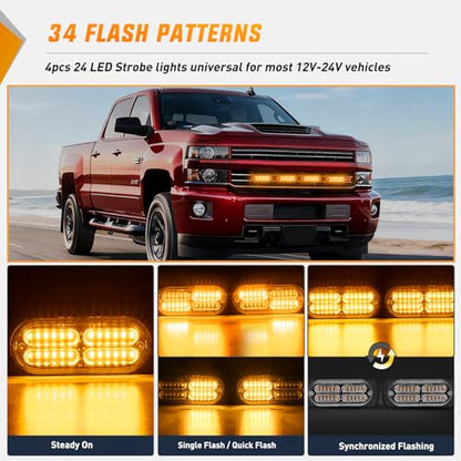 Nilight 4PCS 24LED Emergency Strobe lights 12V 24V Amber Surface Mount Grille Hazard Safety Warning Light Sync Feature Side Flashing Marker Flash for Car Truck Campers - color: Amber
