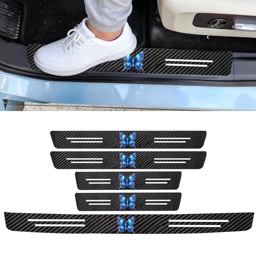 Butterfly 5PCS Car Door Sill Protector,Carbon Fiber Leather Door Sill Sticker,Decor Doors Sill Scuff Plate Sticker for All Car Models,Butterflys Gifts for Men Women,Butterfly Car Accessories Decor - color: Butterfly - Blue