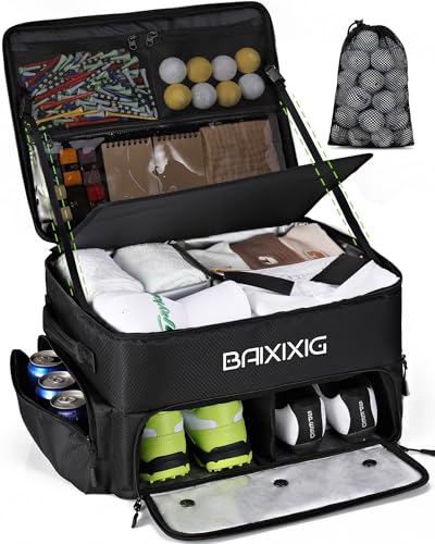 Golf Trunk Organizer, Waterproof Car Golf Locker with Separate Ventilated Compartment for 2 Pair Shoes, Golf Storage for Balls, Tees, Cap, Clothes, Gloves, Accessories, Gifts for Men, Women - color: Black Combo