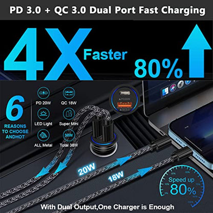 USB C Car Charger, 38W Fast Charge Car Charger Adapter PD&QC 3.0 Dual Port Cigarette Lighter USB Plug for iPhone 17e 17 Pro Max Air 16e 16 15 14 13 12 11 SE XR XS X 8, Samsung Galaxy S26 S25 S24 S23